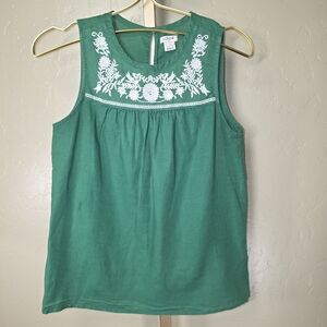 J. Crew Emerald Green Sleeveless Blouse with Ivory Embroidery Cotton Linen Top